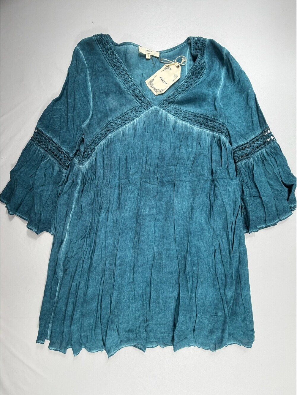 Entro Women's Blue V-Neck Tunic with Crochet Detail, Size S
